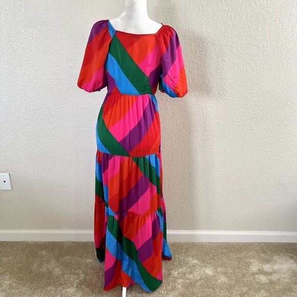 Skies are Blue Iliana Tiered Pink Colorful Maxi Dress Size Small Puffy Sleeve - Picture 8 of 16